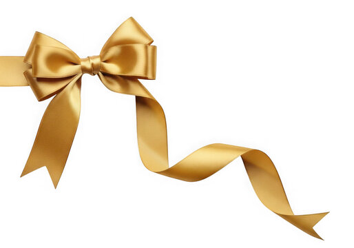 Golden satin ribbon tied in a bow flowing tails, isolated on transparent background