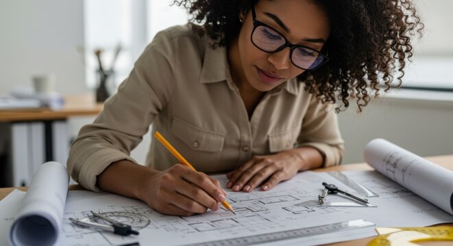 Woman architect working on blueprints with pencil and architectural tools