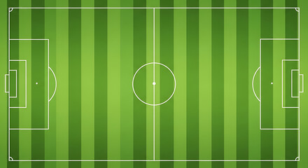 Top view of a green striped soccer field with white lines and markings football field sports