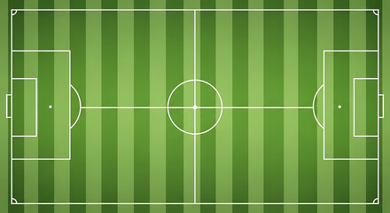 Top view of a green striped soccer field with white lines and goals football field sports