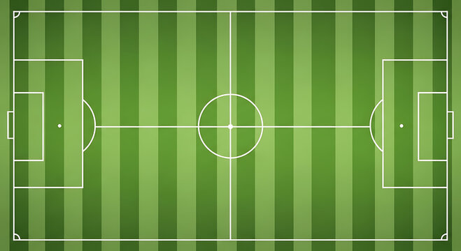 Top view of a green striped soccer field with white lines and goals football field sports - Powered by Adobe