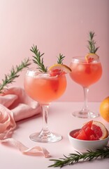 Two pink cocktails with rosemary and grapefruit slices on table. Pink drinks in wine glasses with ice, rosemary sprigs. Small bowl with grapefruit slices.