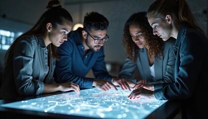Diverse team collaborates around glowing futuristic table. People use digital interface for planning project strategy, discussing data analysis, and seeking solutions together.