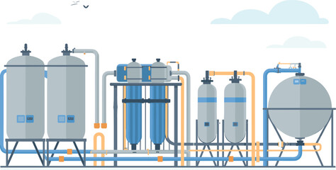 Modern industrial water treatment plant system with filtration tanks, pressure vessels, pipelines, clean energy process equipment,