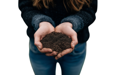 Hands holding soil in an outdoor setting during a sunny day, showcasing a connection to nature and gardening Generative AI