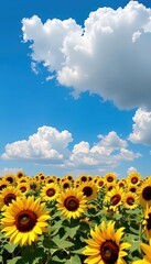 Obraz premium Vast field of vibrant sunflowers under a clear blue sky with fluffy white clouds, bloom, blue, nature