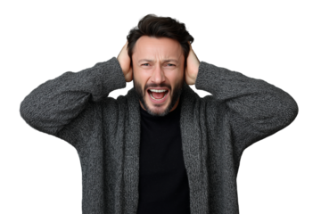 Man expressing frustration while covering ears, overwhelmed by noise or stress in a bright setting Generative AI
