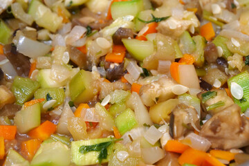 Vegetable ragout. Vegetable stew is cooked on gas stove in pan