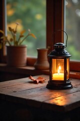 Warm Glowing Lantern on Rustic Wooden Table Creates Cozy Autumn Home Interior