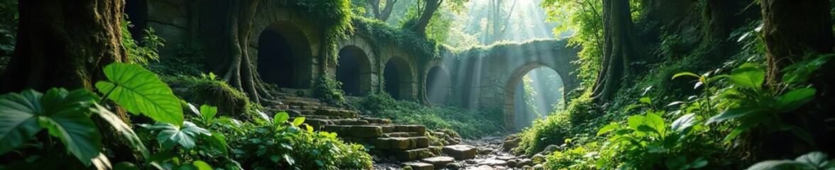 Sun-Dappled Jungle Ruins Ancient Stone Structures Reclaimed by Lush Rainforest Foliage,  Illuminated by Sunlight Filtering Through the Canopy, Evoking a Sense of Mystery and Decay.