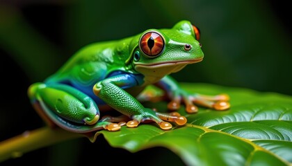 Obraz premium Emerald tree frog camouflaged on a rainforest leaf, glistening droplets accentuating its textured skin. Macro photography reveals intricate details of this perf, jungle, wildlife