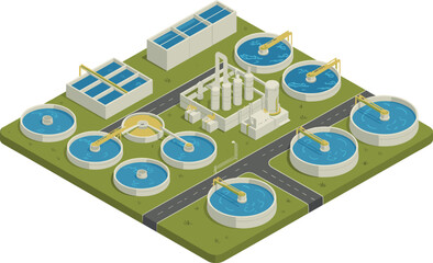 Modern wastewater treatment plant with circular sedimentation tanks and rectangular clarifiers