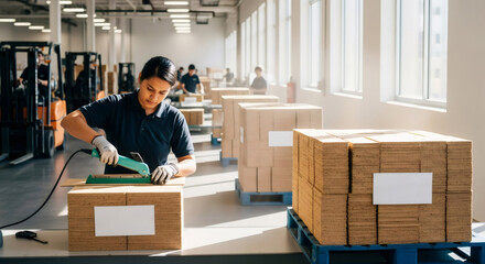 Woman worker preparing eco friendly cardboard packaging. Sustainable manufacturing and production of plastic-free material.