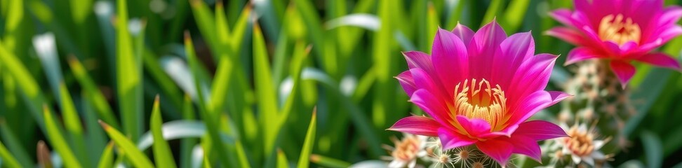 Vibrant pink cactus bloom against lush green grass, outdoor, vegetation, texture