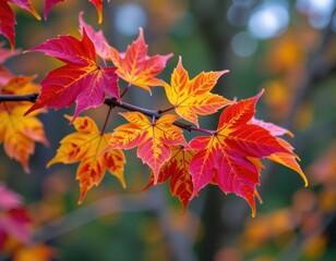Vibrant autumn grapevine twig with multicolored leaves, showcasing rich reds, oranges, and yellows against a blurred background, fall, fall foliage