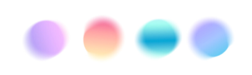 Set gradient round blur shape. Gradation color mesh noise texture on white background. Green, blue fluid aura, water splash, abstract blob watercolor effect. Vector translucent illustration