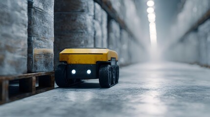 A yellow autonomous robot vehicle navigates a modern warehouse aisle filled with shelves of goods
