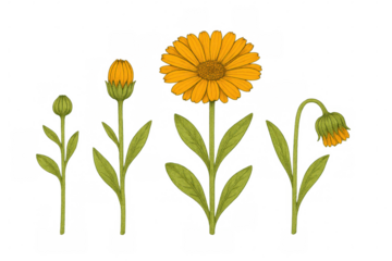 Calendula flower life cycle isolated. Botanical illustration showing plant growth, blooming, and wilting stages