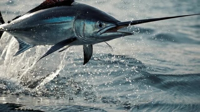 A majestic marlin leaping out of the ocean, captured in a stunning moment of action
