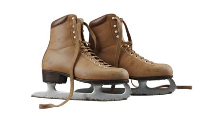 Pair of vintage brown leather ice skates isolated on transparent background