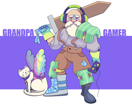 Funny grandpa in costume like a video-game hero. Vector illustration.