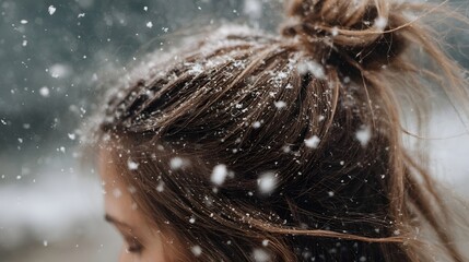 Close up of snowflakes accumulating on brown hair bun during a winter snowfall