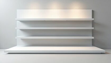 Obraz premium Empty white shelves stand ready. Clean retail store display unit awaits products. Supermarket equipment ready. Minimalist design suitable for marketing presentation interior display. Shelving unit