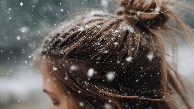 Close up of snowflakes accumulating on brown hair bun during a winter snowfall