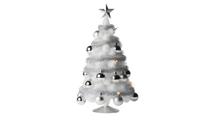 Small silver christmas tree with ornaments isolated on transparent background