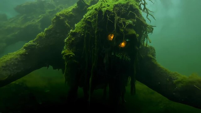 Sea creature stalking, Mossy crawler hunts unseen prey, Underwater mosscovered creature advances with intense focus, Predatory aquatic crawler advances through silt with amber eyes