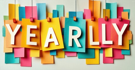Colorful paper pieces form word YEARLY. Bright hues create dynamic visual impact. Simple design, positive message.