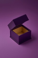 An elegant and visually striking open rectangular box is presented with a rich, dark purple exterior and a contrasting, finely textured golden interior. Set against a harmonious purple background, the