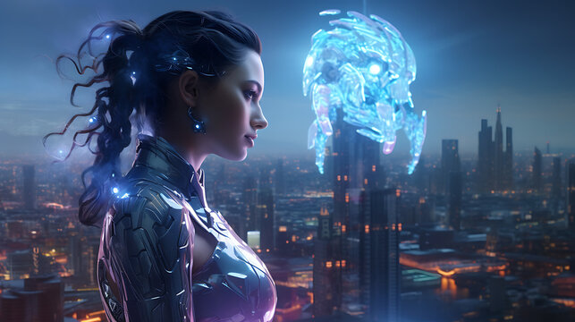 Futuristic woman contemplates digital orb in city, symbolizing advanced technology and the future of artificial intelligence