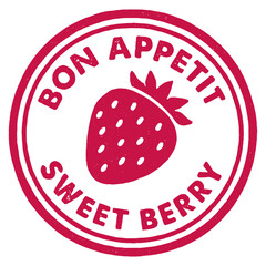 Stamp featuring a strawberry and the words Bon Appetit and Sweet Berry, highlighting fresh fruits for summer enjoyment