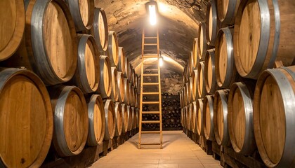 An aged cellar features rows of wooden barrels, some stacked high. A ladder stands in the middle, leading towards overhead lighting