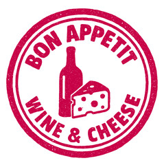 Enjoying cheese and wine with a rustic red rubber stamp design showcasing a bottle and cheese slice