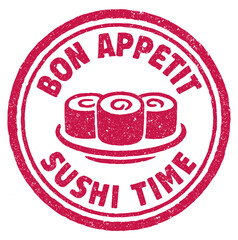 Savor delicious sushi time with a playful red rubber stamp design inviting everyone to enjoy fresh flavors