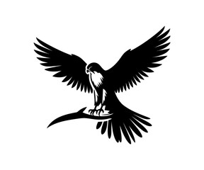 Silhouette of a bird with outstretched wings on branch