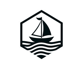Fototapeta premium Sailboat on waves inside a hexagon shaped frame