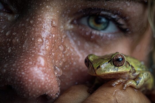 An eye to eye moment with frog with water droplets on human's face