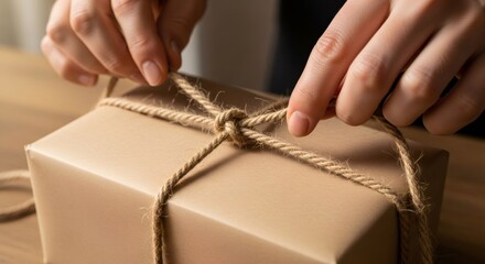 Woman hand tying rope knot on brown paper box. Eco friendly packaging concept. Sustainable gift wrapping for special occasion.