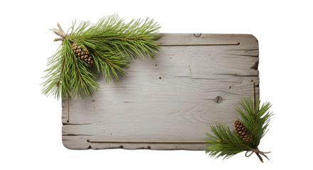 Wooden sign with pine branches isolated on transparent background, rustic and natural