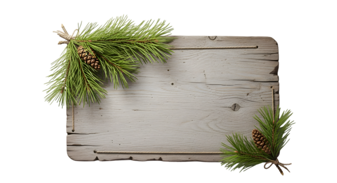 Wooden sign with pine branches isolated on transparent background, rustic and natural