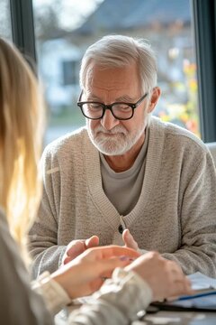 An elderly patient regains his speech skills after a stroke using flashcards with words and numbers during a psychologist's appointment at a rehabilitation clinic