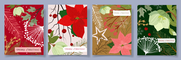 Obraz premium Stylish botanical Merry Christmas card set with poinsettia, hellebore, pine, and berries on textured paper backgrounds. Xmas art banner, poster, cover templates, invitations 