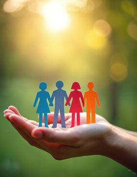 Hands hold colorful paper people silhouettes against a sunny green background. Symbolizes togetherness, diversity, and inclusion in community or family settings.