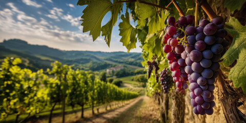 Fototapeta premium Scenic vineyard rows stretching across hills with mature grapes ready for harvest under warm sunlight