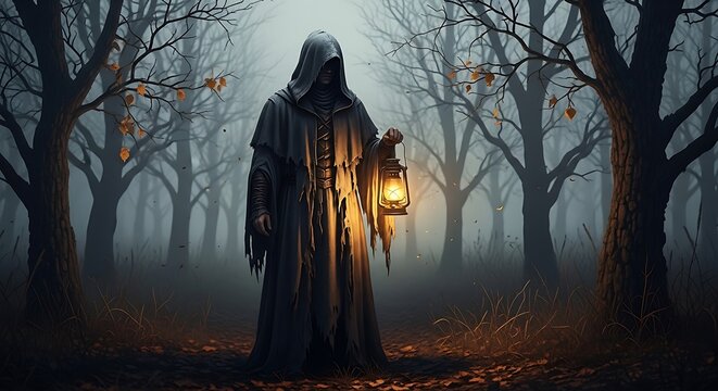Hooded grim reaper holding lantern in dark foggy forest
