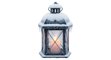 Snowy lantern with candle isolated on transparent background, a festive winter decoration