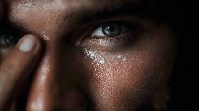 Close up of a man s eye area applying eye cream with a fingertip for hyd n